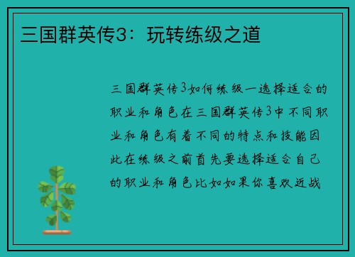 三国群英传3：玩转练级之道