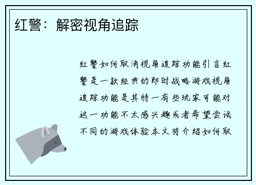 红警：解密视角追踪